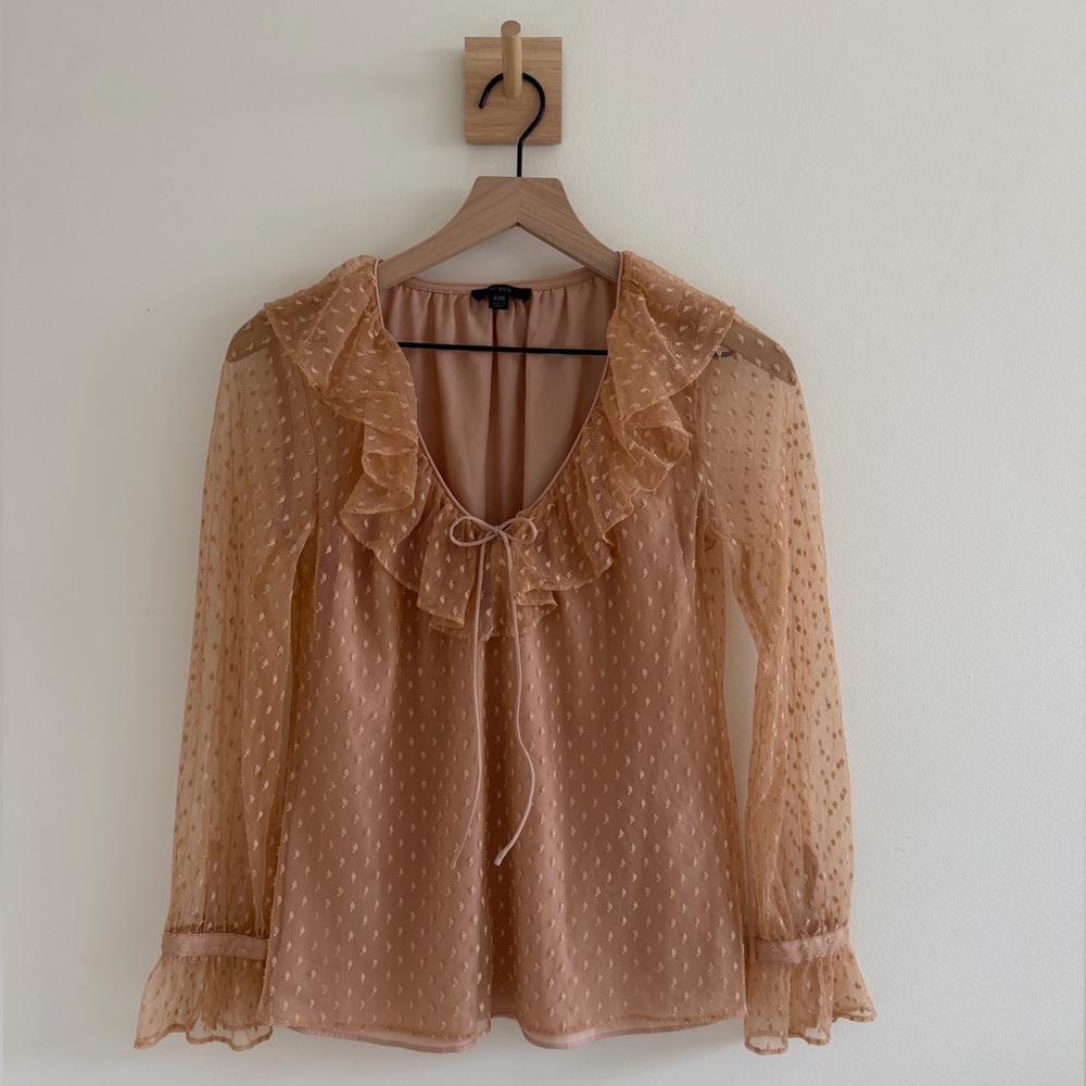 J.Crew Swiss Dot Ruffle Tie-Neck Blouse – Blush